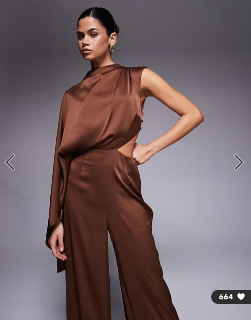 ASOS DESIGN satin one sleeve cut out jumpsuit in chocolate