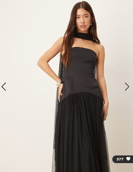 Lace & Beads tulle bandeau drop waist maxi dress with scarf in black