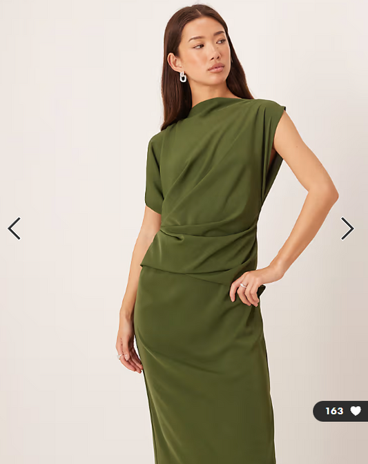 ASOS DESIGN high neck drapey pleated midi dress in olive