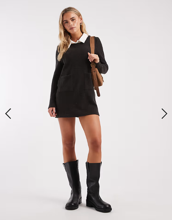 Vero Moda Petite 2 in 1 long sleeve knitted mini dress with poplin collar in black