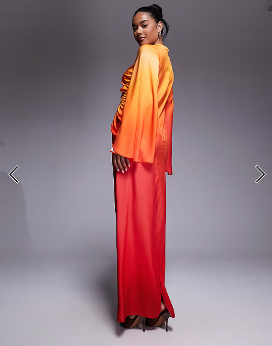 ASOS DESIGN exaggerated sleeve bias maxi dress with ruched waist in ombre