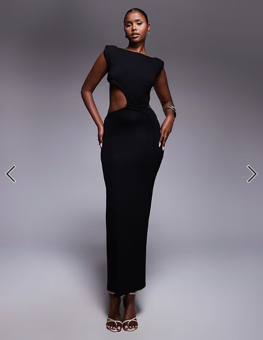 ASOS DESIGN VE shoulder pad twist waist midi dress in black
