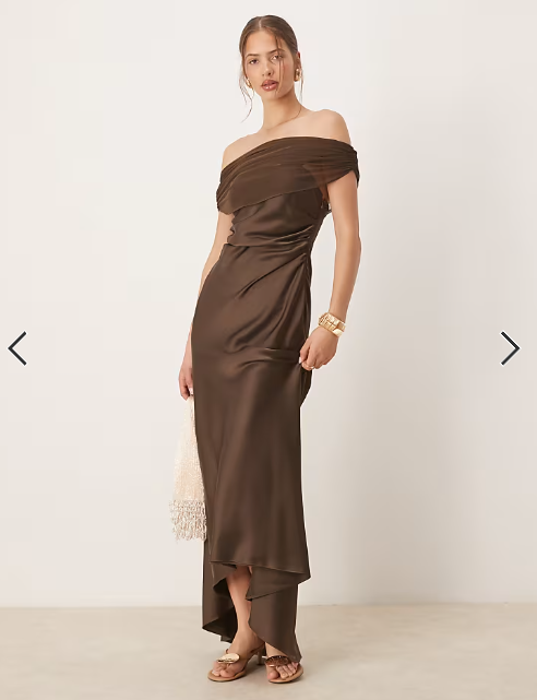 Six Stories off shoulder mesh satin midaxi dress in chocolate