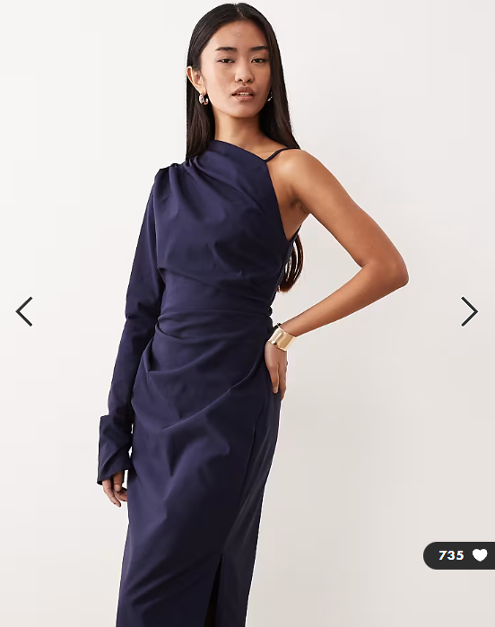 ASOS DESIGN one shoulder draped midi dress in navy