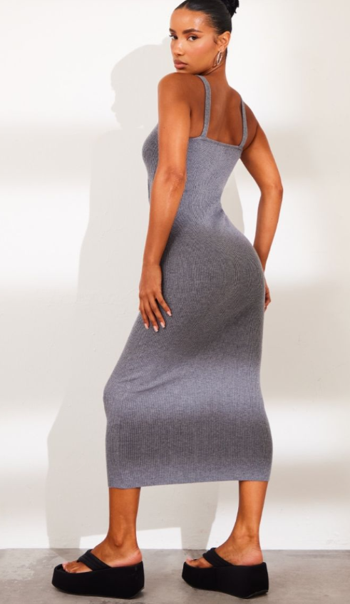 Charcoal Grey Front Cut Out Soft Rib Maxi Dress