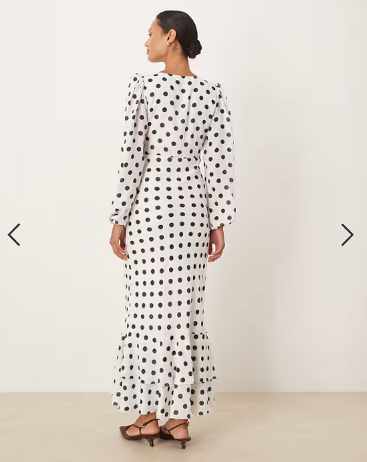 Lace & Beads long sleeve ruffle hem maxi dress in white polka dot