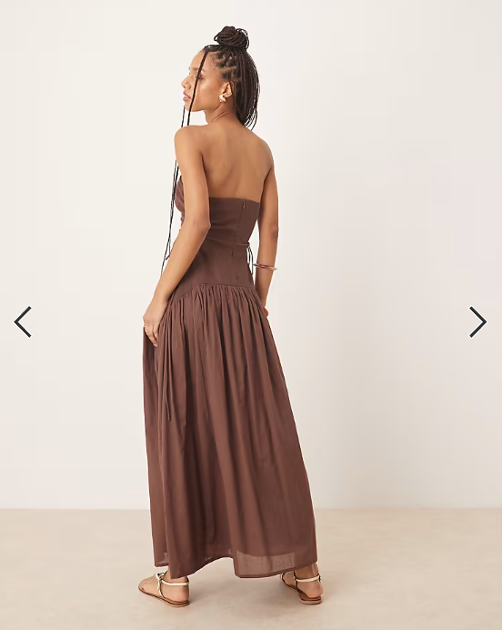 ASOS DESIGN dropped waist bandeau maxi sundress with lace up side in chocolate