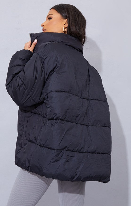 Black Soft Touch Nylon Padded Panel Longline Puffer