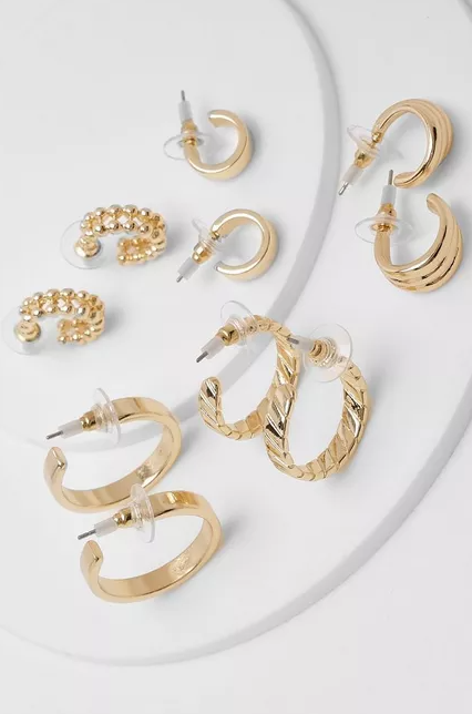 Gold Mixed Textured 5 Pack Hoop Earrings Set
