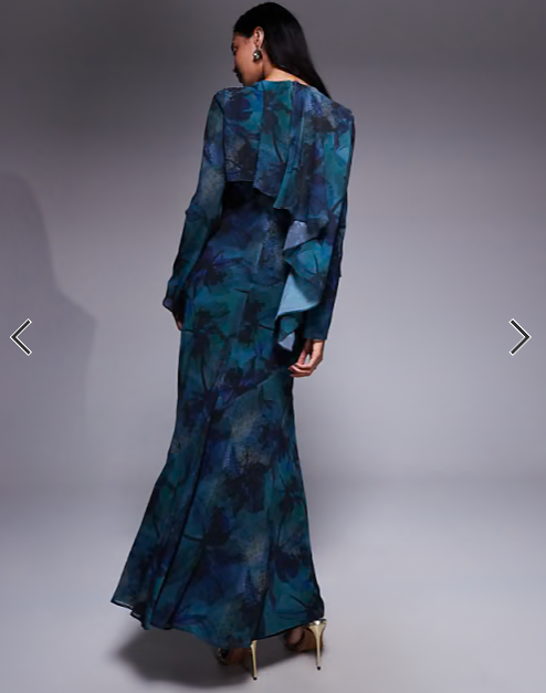 Daska ruffle cape maxi dress in deep blue abstract print