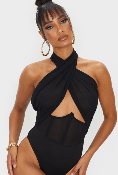 Black Chiffon Halterneck Underbust Corset Detail Bodysuit