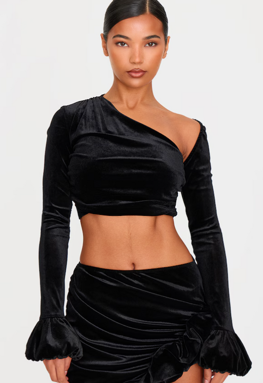 Black Velvet Puff Sleeve Cropped Top