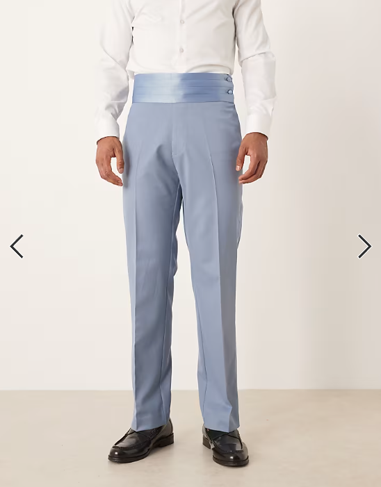 ASOS DESIGN straight tuxedo suit trousers with cummerbund waistband in blue