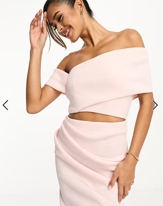 ASOS DESIGN off shoulder cut out midi dress with asymmetric hem in rosewater pink