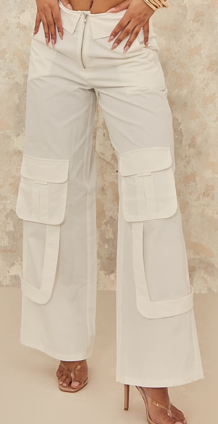 Plt - White Woven Foldover Waist Zip Front Cargos