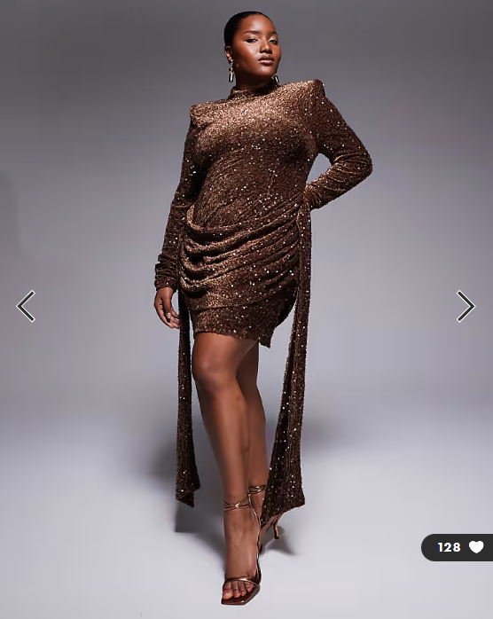 ASOS LUXE Curve velvet sequin drape side mini dress in chocolate