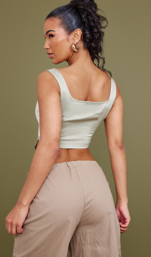Pale Olive Sculpt Satin Boned Corset