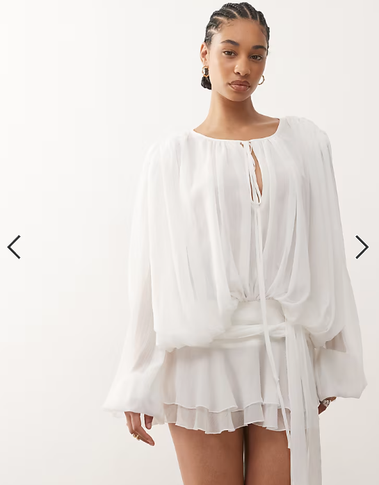 Lioness Elements petite chiffon drape detail balloon sleeve tie waist mini dress in white