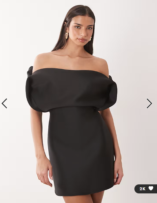 ASOS DESIGN structured bardot mini dress in black scuba-style fabric