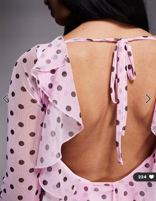 Kaiia exclusive slinky long sleeve ruffle hem open back mini dress in pink and black polka dot