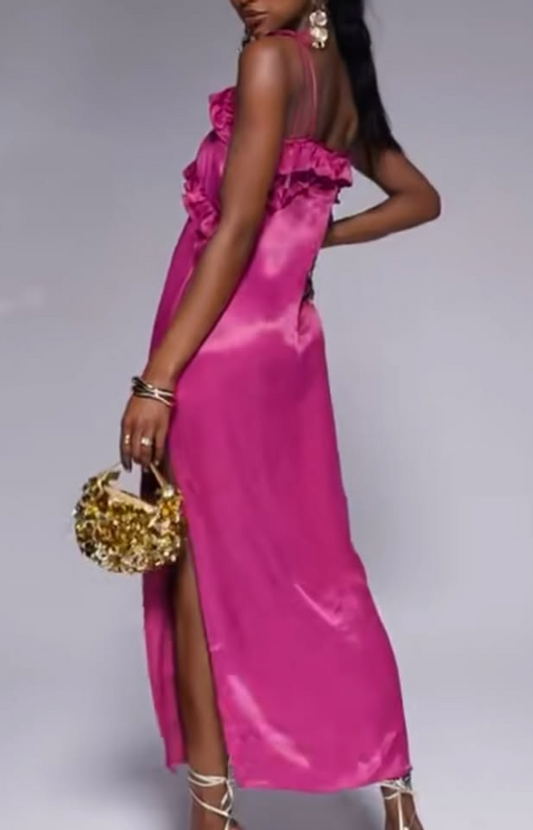 Asos - satin ruffle detail maxi slip dress in rose pink