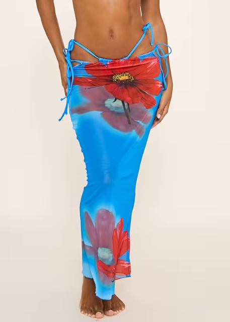 Flower Print Triangle Bikini And Maxi Skirt 2 Piece Set In Blue