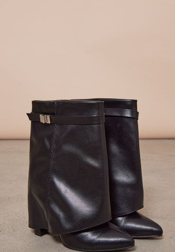 Black Pu Point Toe Fold Over Block Heeled Ankle Boots