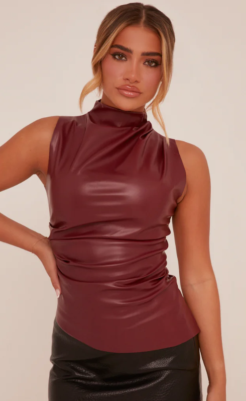 Rebellious - Burgundy Faux Leather Ruched Top - Danica