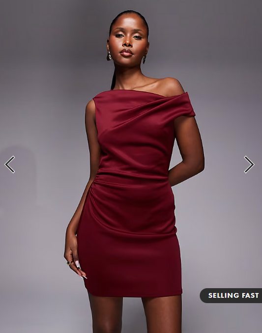 ASOS DESIGN off shoulder sculpted mini dress in burgundy scuba-style fabric
