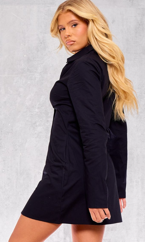 Black Cotton Poplin Trim Detail Shirt Dress