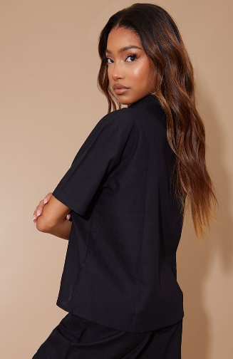 Black Linen Look Pocket Front Short Sleeve Oversized Shirt