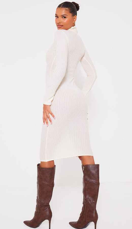 Cream Long Sleeve High Neck Knot Front Midaxi Dress