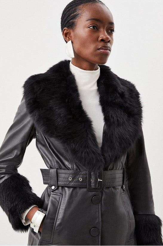 Shearling Cuff And Collar Leather Coat