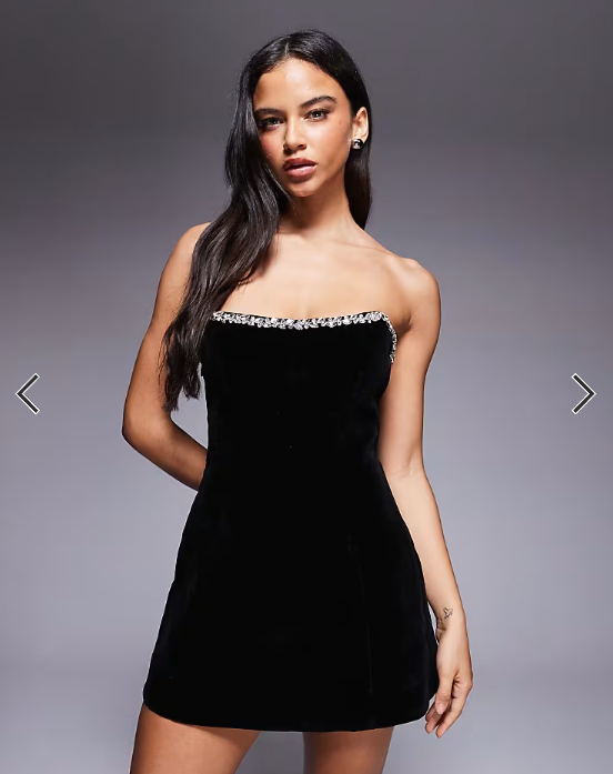 Murci structured bandeau velvet diamante trim lace up back detail mini dress in black
