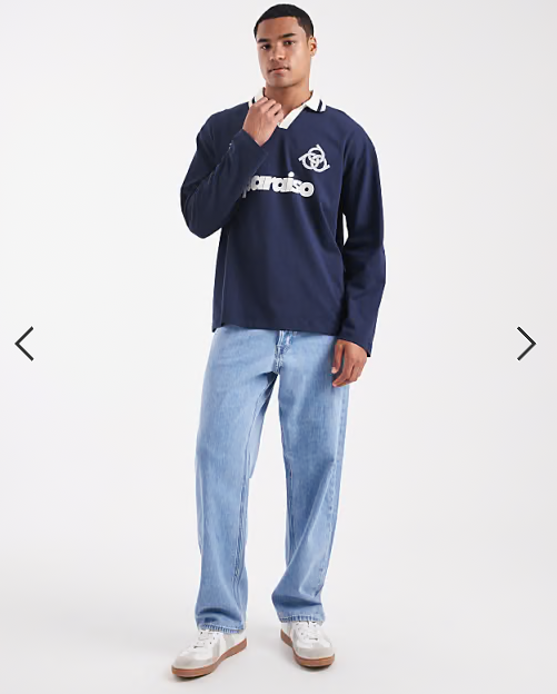 ASOS DESIGN oversized long sleeve polo with sports graphic in navy