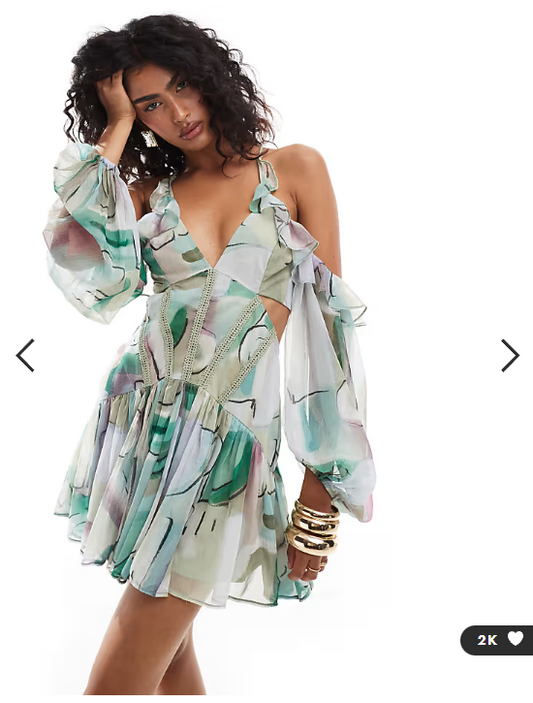 ASOS DESIGN cold shoulder frill trim detail mini dress in abstract print