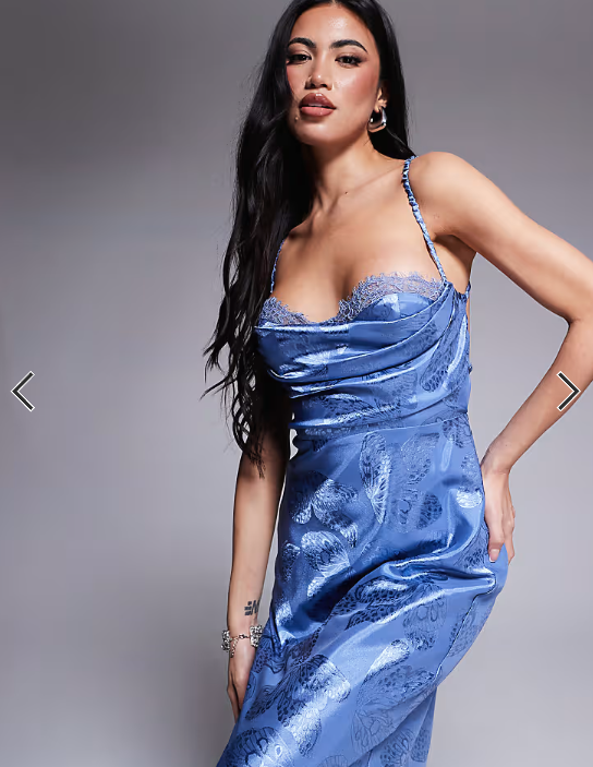 Rare London satin ruched bust open strappy back maxi dress in blue butterfly print