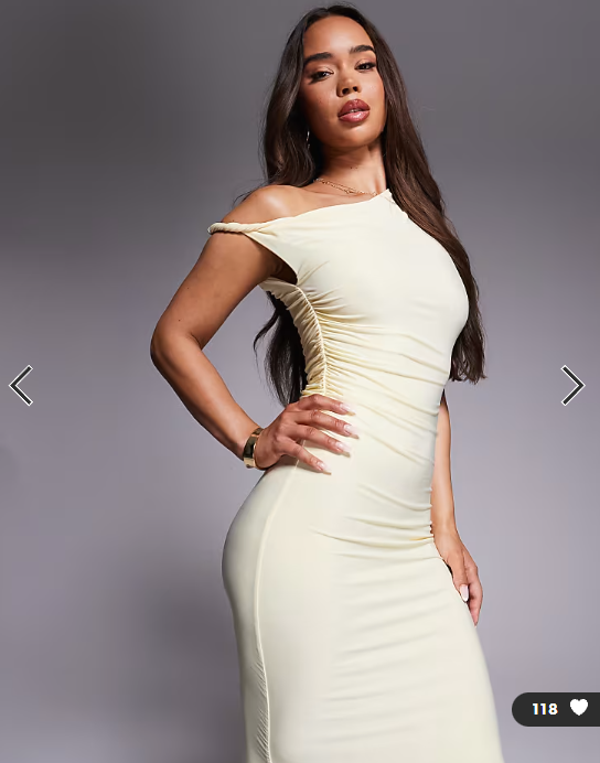 Kaiia exclusive double layered slinky twist off shoulder bodycon maxi dress in butter yellow
