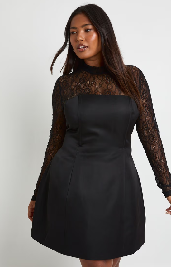 boohoo Plus High Neck Lace Satin Structured Mini Dress