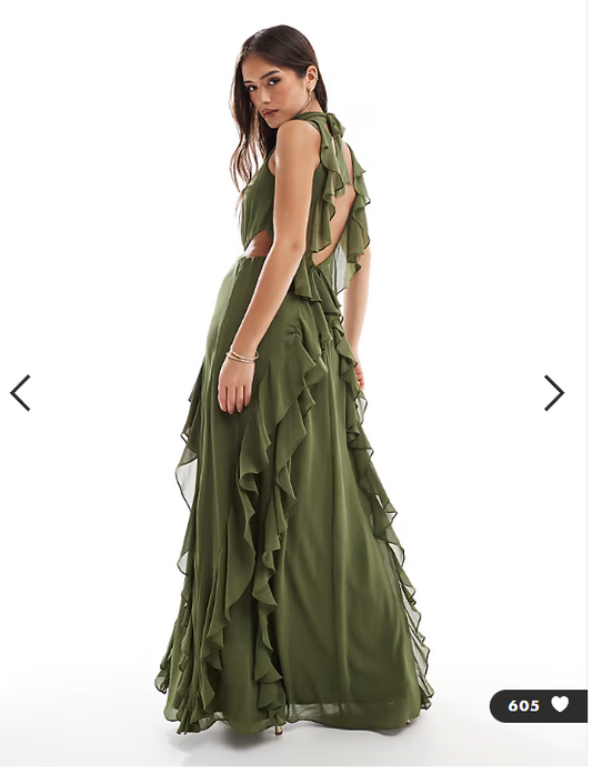 TFNC ruffle detail maxi dress with open back and thigh split in soft olive