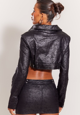 Black Waxed Denim Zip Detail Cropped Denim Jacket