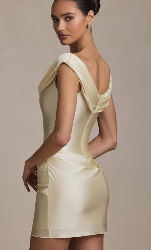 OhPolly-Satin Off-Shoulder Draped Mini Dress in Ivory