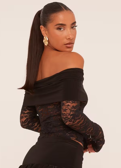 Slinky Fold Over Bardot Top In Black Lace
