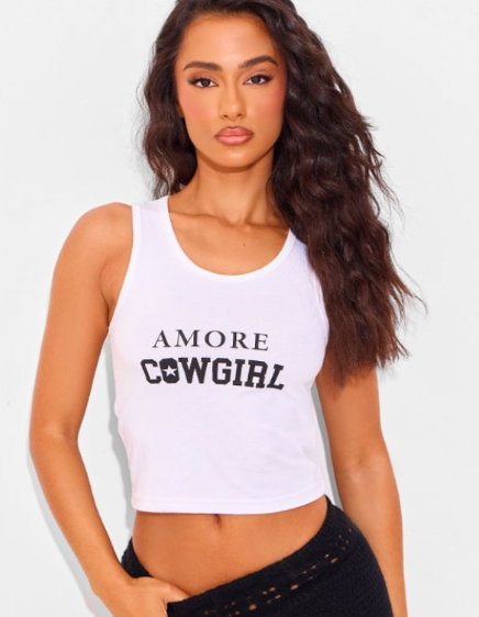 Petite White Amore Cowgirl Racer Crop Top