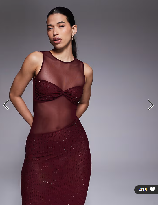 The Frolic exclusive high neck sleeveless hot fix sheer insert maxi dress in burgundy