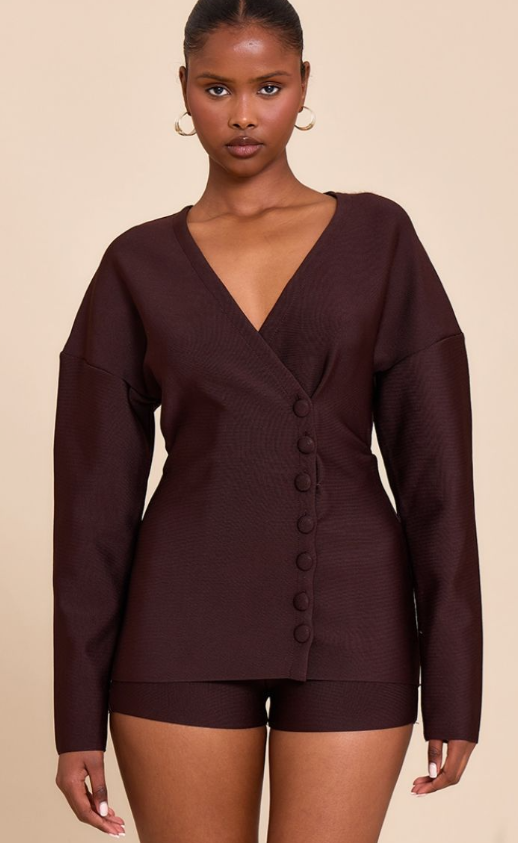 Dark Brown Bandage Button Up Cardigan Playsuit