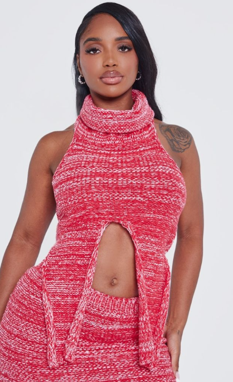 Shape Red Contrast Knit High Neck Crop Top