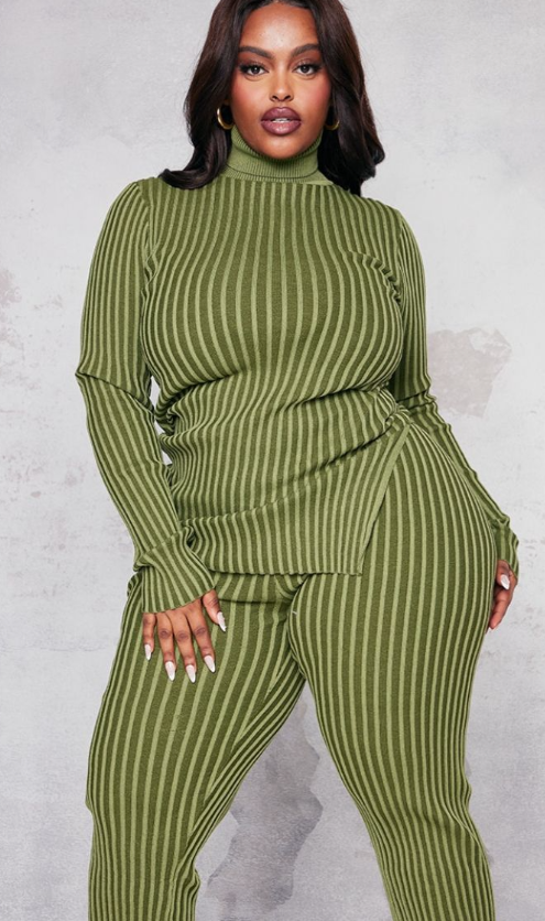Plus Khaki Rib Knitted Trousers And Plus Khaki Roll Neck Rib Knitted Jumper set