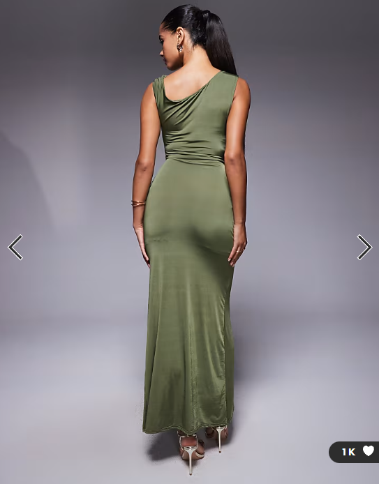 TFNC off shoulder midaxi dress with thigh split in olive