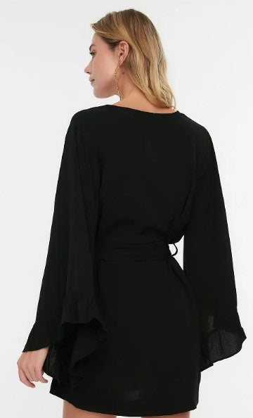 Belted mini woven flywheel kimono kaftan